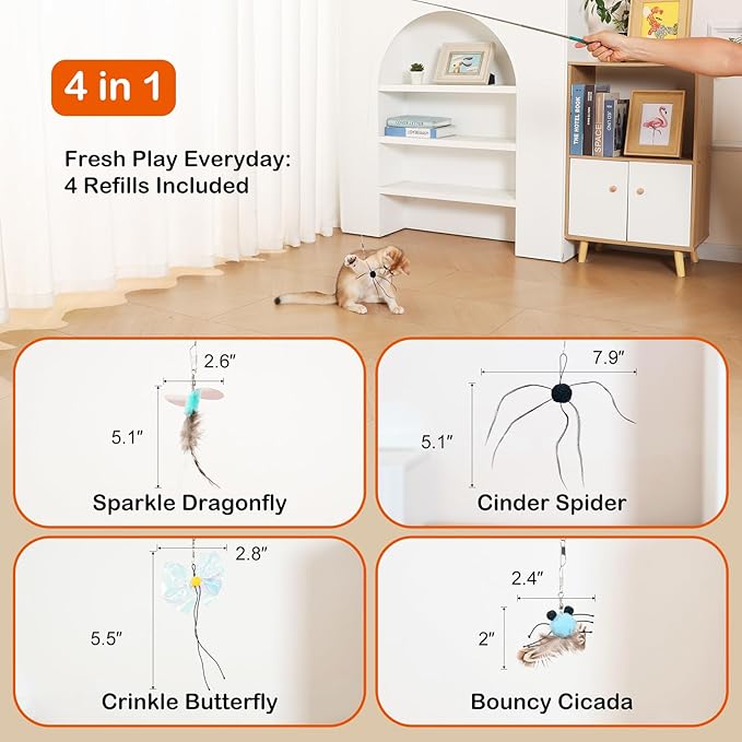 BioBugs Refill Pack – Dragonfly, Butterfly, Mayfly & Spider Attachments for Interactive Cat Wand Toys