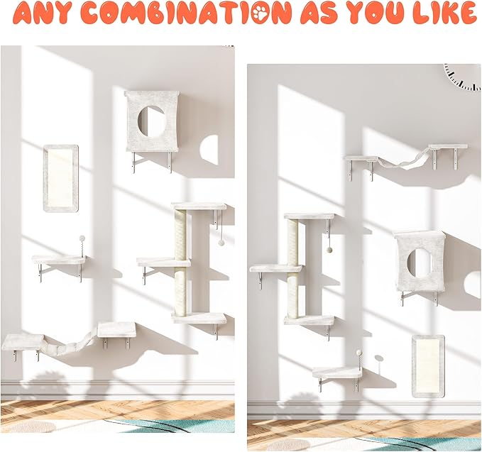 NUNU LAB Cat Wall Shelves Set, 5 Pcs Wall-Mounted Cat Climber with Cat House, Bridge, Scratching Post, Hammock, Wall Shelves, Beige