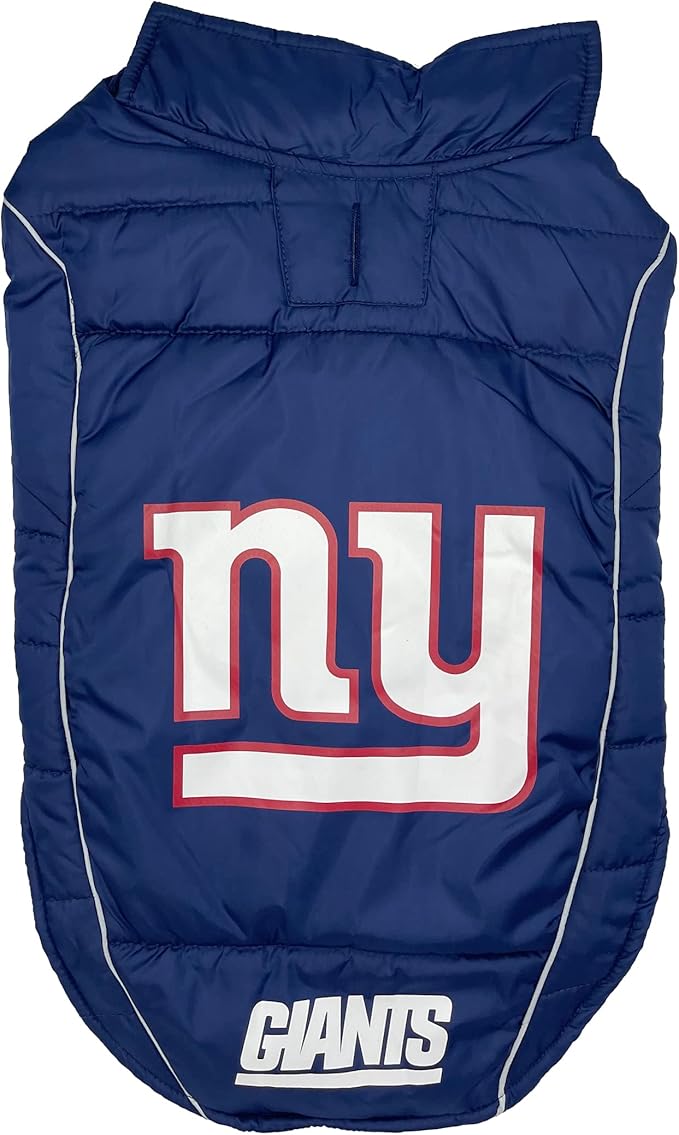 NFL New York Giants Puffer Vest for Dogs & Cats, Size Small. Warm, Cozy, and Waterproof Dog Coat, for Small and Large Dogs/Cats. Best NFL Licensed PET Warming Sports Jacket