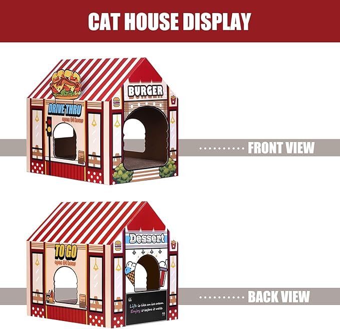 SEKAM Cardboard Cat House with Scratcher/Catnip, (16.5''x12''x15'') Burger Shop for Indoor/Outdoor Cats, Cat Play House&Home Decor, Cat Scratch Toy, Hideout for Bunny&Small Animals