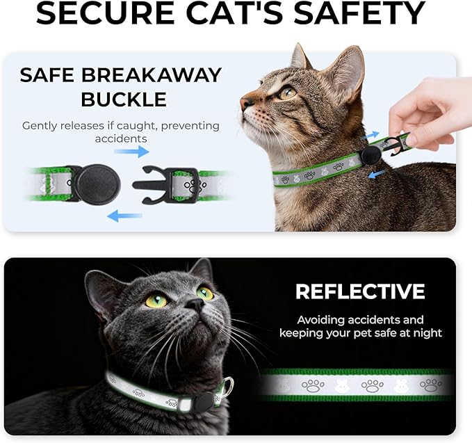 Cat Collar Breakaway, Reflective Kitten Collar with Bell, Safety Buckle Kitten Collar, Lightweight, Adjustable, Comfortable, Suitable for Boy Girl Cats (7"-13") Emerald