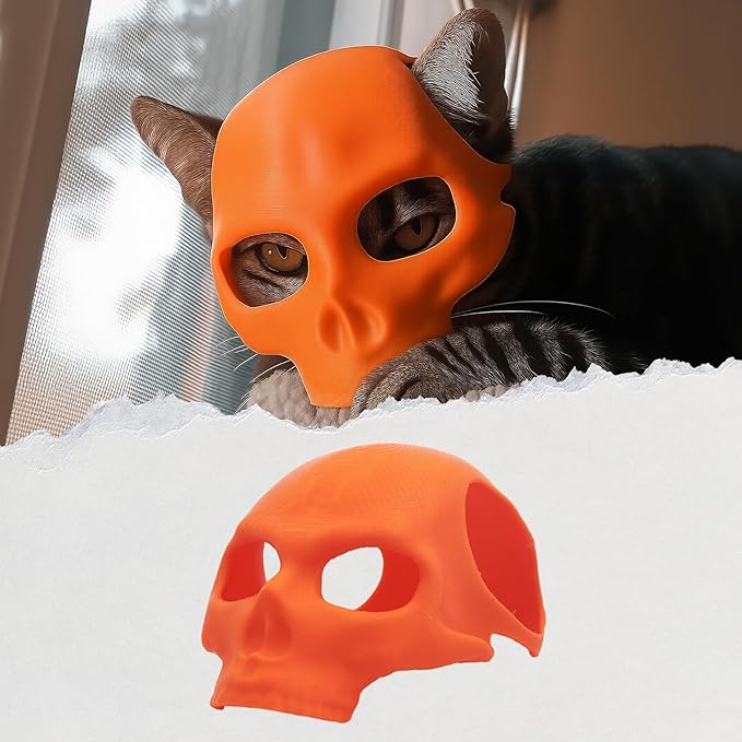 Yipintang Cat Bat Mask Halloween Costumes Accessories for Cats, Cat Bat Cosplay Apparel (Medium, Orange Skull)