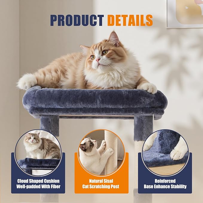 DUMOS 63 Inch Cat Tree Tower, Large Multi Level Cat Climbing Tower with Condo, Natural Sisal Scratching Posts, Extended Platform, Hammock, Pet House for Indoor Cats and Kittens Play, Dark Grey