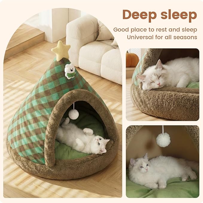Jiupety Cat Tents for Indoor Cats,Cat House with Removable Washable Cushioned,2-in-1 Cat Cave Tent with Anti-Slip Bottom Ultra-Soft Pet Tent for Cats and Small Dogs,Green 23.6In