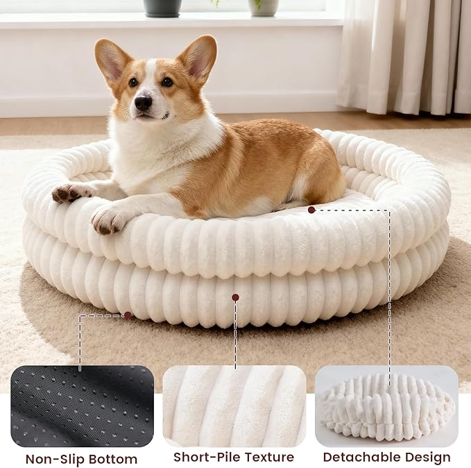 Small Dog Beds, Machine Washable Donut Large Cat Beds for Indoor Cats, Fluffy Round Pet Bed with Anti-Slip Bottom for Puppy and Kitten, White, 28"x28"x5"