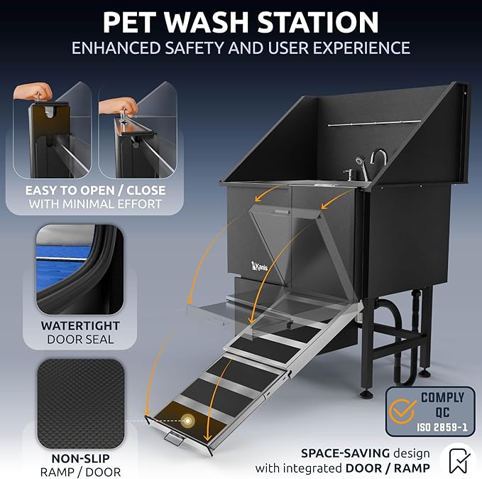 KANIS Professional Dog Washing Station 304 Stainless Steel Pet Wash Sink & Grooming Bathtub w/Shower, Floor Grates and Storage for Large, Medium & Small Pets (Black, 40 Inches, Right Ramp, 1 Drawer)