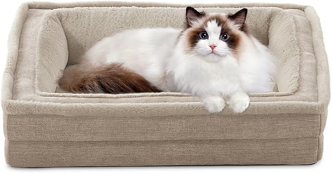Laojin Balhen Cat Couch for Pets, Washable Cat Beds for Indoor Cats, Super Soft Plush Supportive Dog Couch Bed for Puppy and Kitten with Anti-Slip Bottom, 24inch, Beige