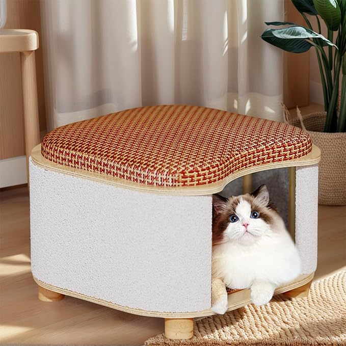 Multi-Functional Wooden Cat Cabinet, Cat Bed with Scratch Pad & Rattan Cushion, Hidden Cat Cave & Ottoman Stool