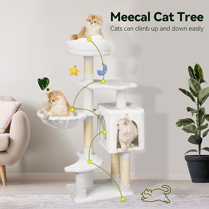 Meecal 43-Inch Cat Tree,Cute Cloud Cat Tree for Kittens & Small Cats Under 6 Months 9lbs, Cat Tower with Scratching Post, Double Condos, Plush Hammock & Dangling Toys, White