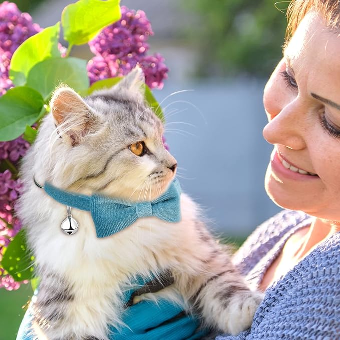 4 Pieces Cat Bow Tie Collar with Bell Breakaway Cat Comfortable Velvet with Cute Safety Pet Collar for Pet Kitten Puppy(Medium,Black, Gray, Dark Green, Blue)