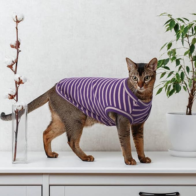 Sphynx Cat Clothes, Breathable Hairless Cat Shirts, Stripe Kitten T-Shirts Sleeveless, Pullover Cat Sweaters, Pet Summer Apparel for Sphynx, Cornish Rex, Devon Rex, Peterbald, Small Dogs