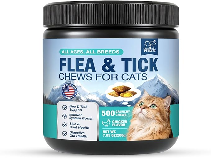 Flea Treatment for Cats 500 Treats Natural Flea and Tick Prevention Supplement for All Cats - Skin & Coat Care, Immune System Boot, Digestive Gut Health, Daily Oral Flea Supplement Chicken Flavor