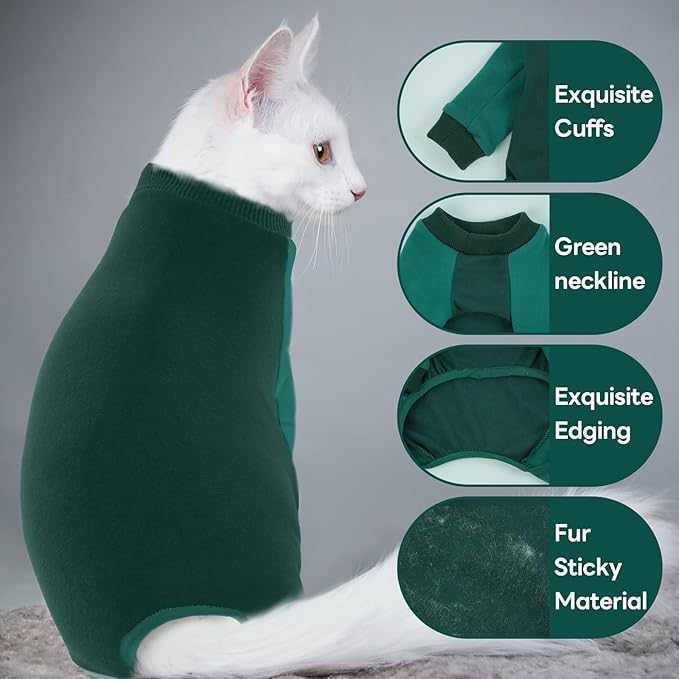 QBLEEV Sticky Hair Cat Clothes, Soft Cat Pajamas for Cats Only, Prevent Lost Fur Kitten Sweater Onesie, Stretchy Recovery Suit for Female Male Cats After Surgery Daily Wear, Green, L