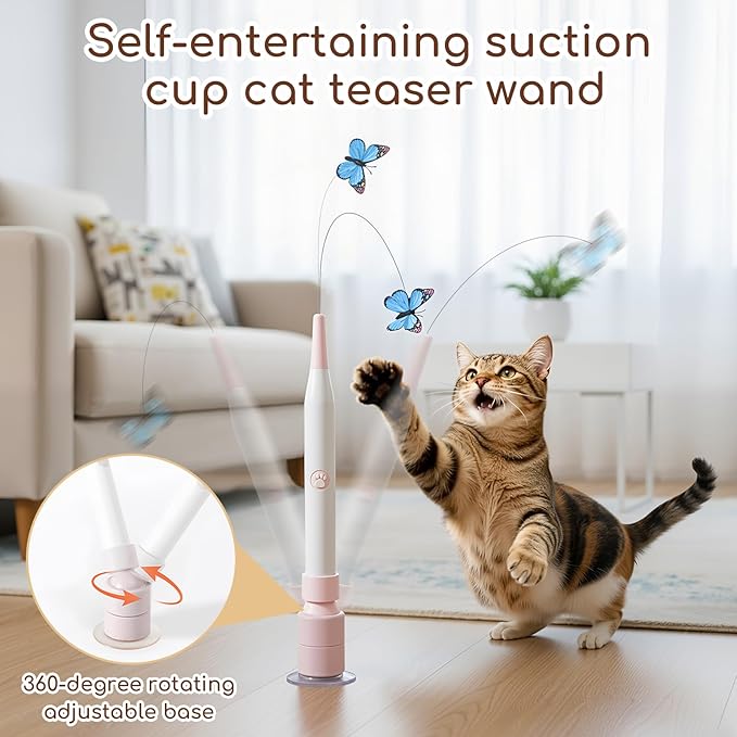 Rechargeable Automatic Cat Toy with Suction Cup, Interactive Cat Toys for Indoor Cats, Butterfly Feather Teaser Wand for Bored Kittens, Self Play Exercise Toy