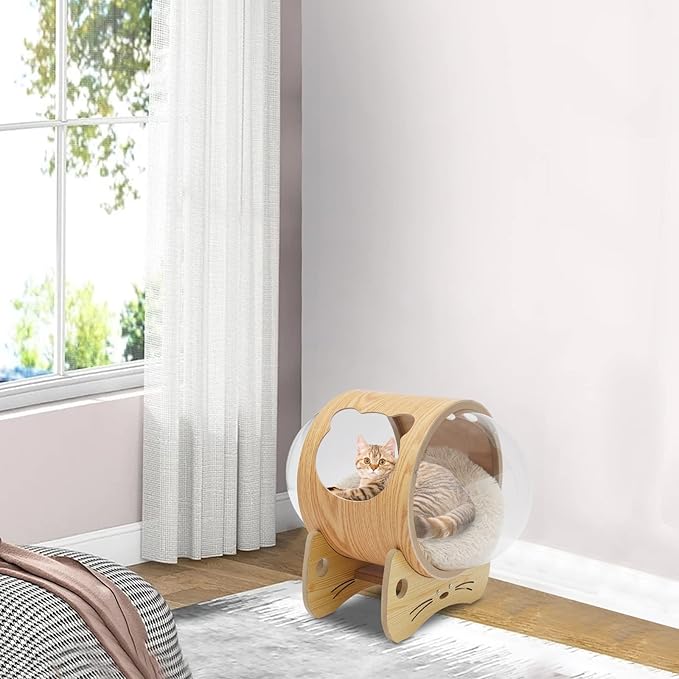 Space Capsule Cat House, Cat Dog Wooden Modern Pet Bed with Cushion, Cats Nest & Kennel Wooden Furniture for About 8.5kg/18.74lbs Cats