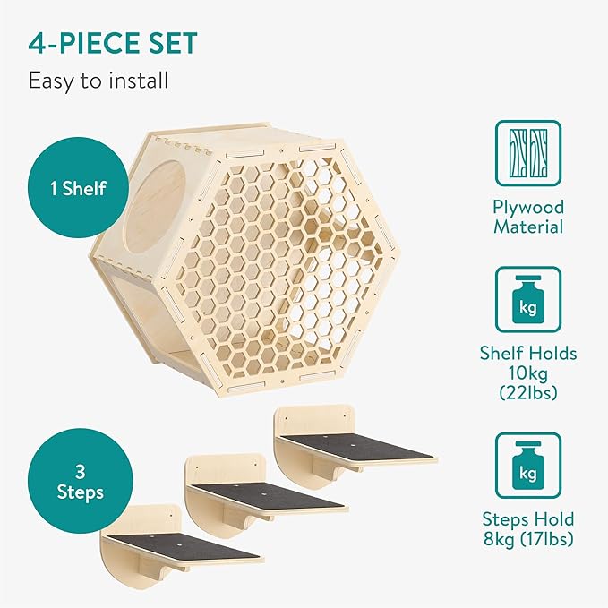 Navaris Cat Shelves for Wall (4 Pieces) - Set with Hexagon Shelf and 3 Steps - Wall Mounted Climbing Perch for Cats - Wall Mount Furniture for Walls