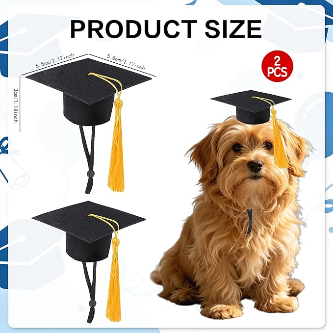 Mini Graduation Caps with Gold Tassel, 2 Pack Black Mini Graduation Caps, Small Animal Bachelor Hats for Adjustable Pet Graduation Photo Props Cat Dog Holiday Costume Accessories