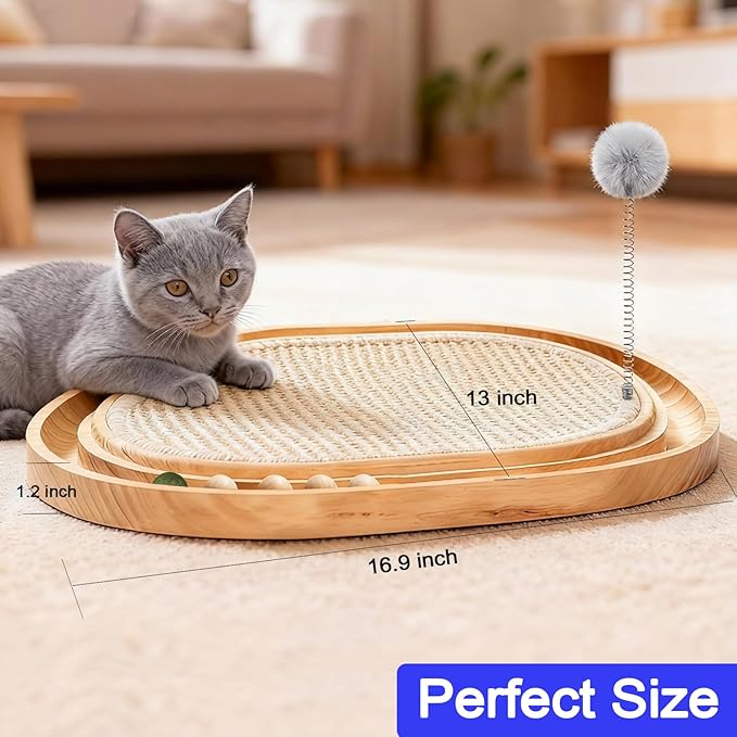 Natural Sisal Cat Scratcher Pad with Wooden Cat Ball Track Toy Interactive Cat Toys for Bored Indoor Adult Cats Kitten Toys for Chasing Hunting & Physical Exercise Puzzle Cat Scratching Pads