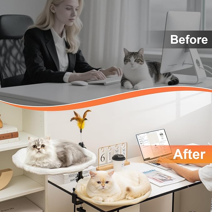 Uross Cat Desk Bed- Double Layers Adjustable Height 360 Rotation Cat Desk Perch Mount for Office and Game Tables, Attachment Desktop Bed with 2 Washable Covers, Soft Rabbit Fur& Breathable Mesh -Beige