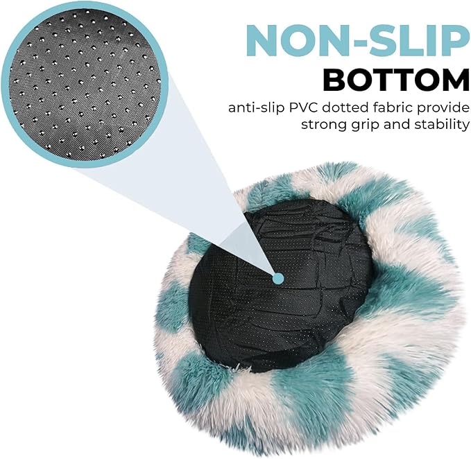 Whiskers & Friends Cat Beds for Indoor Cats, Fluffy Calming Donut Cat Bed, Small Dog Bed Washable - Orthopedic Soft Plush Pet Beds Sized for Kitten to Large Cats & Puppy to Small Dogs - Teal White