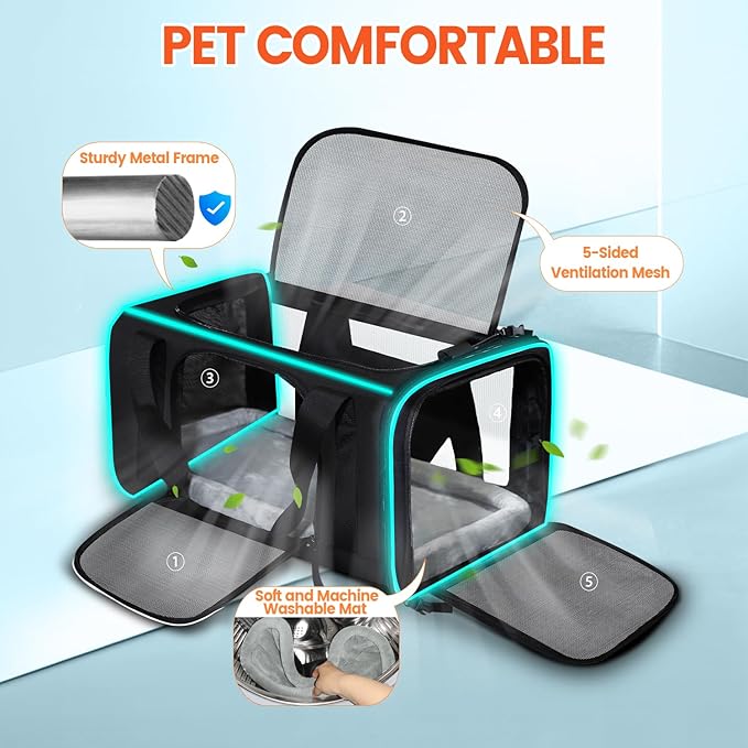 Petskd Small Pet Carrier with Wheels (17" L x 11" W x 9.5" H), Alaska Airlines Approved, Rolling Pet Carrier for Small Dogs & Cats (Black)