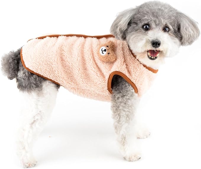 Fleece Small Dog Sweater, Solid Pet Vest with Bear Patch Elastic Soft Outfits Puppy Clothes Warm Fall Winter Apparel for Cat Chihuahua Yorkie,Beige,L