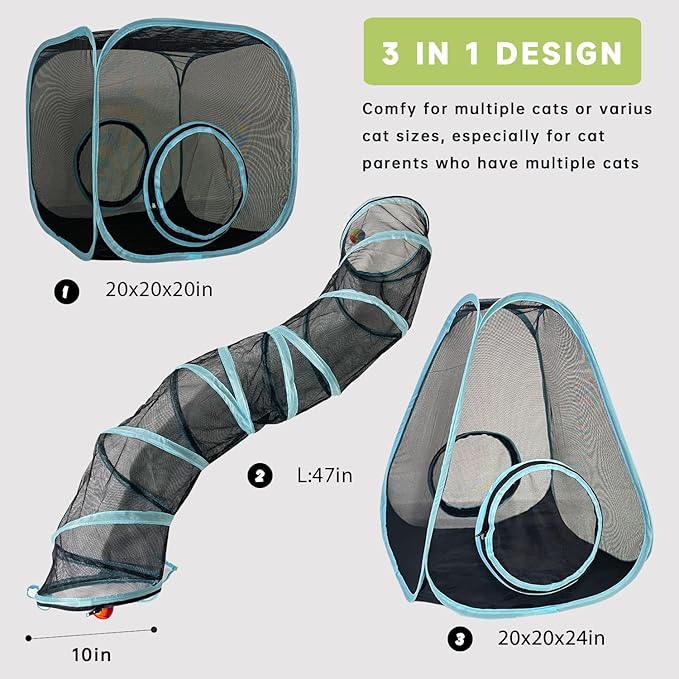 Outdoor Cat Enclosures, Cat Tunnels Catio Tents Cubes for Indoor Cats with Play Ball, Collapsible Outside Playpen Tunnel for Kitty, Rabbit, Puppy and Small Animals