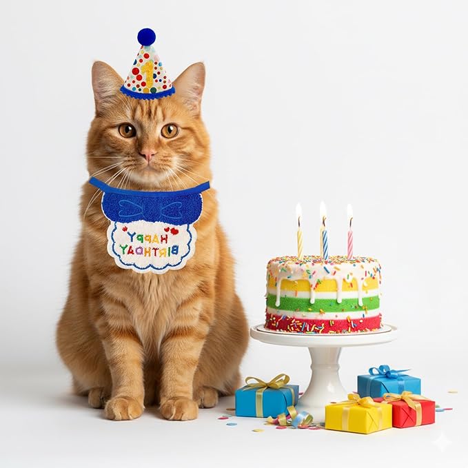 4PCS Blue Cat Birthday Party Supplies for Kitten Bandana Hat Number Decorations Pet Birthday Outfit Kit