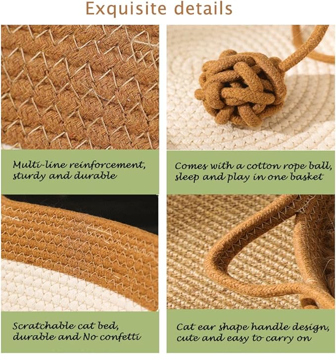 Handwoven Cotton Rope Cat Bed - Breathable & Easy to Clean, Foldable Scratchable Hammock with Cat Ear Design, with a Playing Ball for Kittens Brown