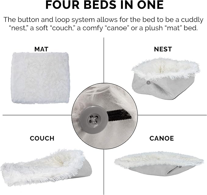 Furhaven Self-Warming Cat Bed for Indoor Cats, 4-Beds-in-1 & Washable - Plush Long Faux Fur Convertible Cuddler - Silver, Small