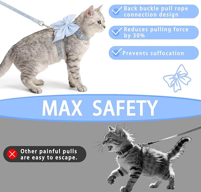 Tensho Blue Bow Cat Harness and Leash Set Escape Proof, Adjustable Kitten Harness with Leash, Bow Tie Cat Harness for Walking Outdoor - Soft Lightweight Harness for Small Dogs Cats Rabbits (S)