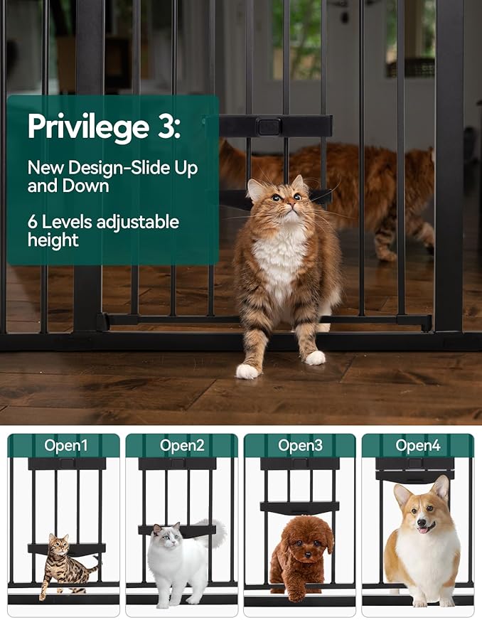 Babelio 36 Inch Extra Tall Baby Gate with Cat Door, 29.5-40" Metal Pet Door for Stairs, Doorways, House, Auto Close, Easy Walk Thru, Black