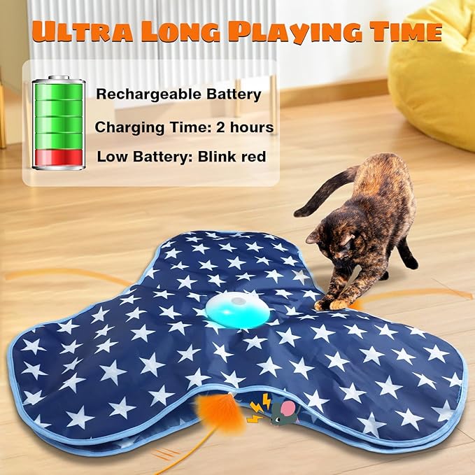 Oxawo Cat Toys Interactive Hide and Seek with Chirping, Motion Activated Cat Exercise Catching Game Moving Concealed Feathers Hidden in Bag