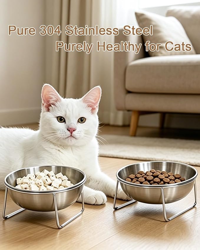 15° Tilted Cat Food Bowls 304 Stainless Steel Kitten Food Bowl Raised Food and Water Dish for Cats Elevated Cat Bowl Plate Stand Whisker Friendly Smooth Polished Easy to Clean Dishwasher Safe 2PACK