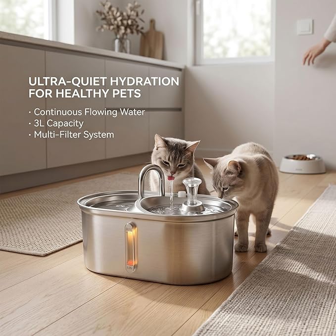 Smart Pet Water Fountain, Stainless Steel Cat Dog Water Dispenser with Timer and 3L Capacity for Automatic Feeding and Continuous Supply, Automatic Dog Dispenser