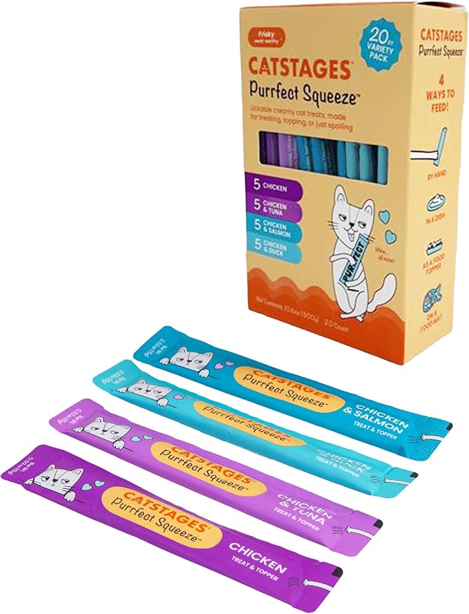 Catstages Purrfect Squeeze Lickable Cat Treats, Creamy Purée Squeezable Treat & Topper, 0.5 oz Tubes, 20-Count, 4-Flavor Variety Pack