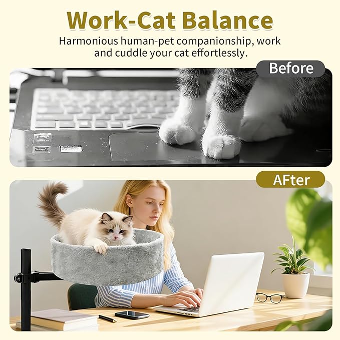 Cat Desk Bed,360° Rotating & Height Adjustable Desk Cat Bed,Space Saving Modern Indoor Cats Nest Furniture Cozy Faux Fur Pet Nest Perch Hammock for Various Desktops,15.7" L*15.7" W*16.9" H,Grey