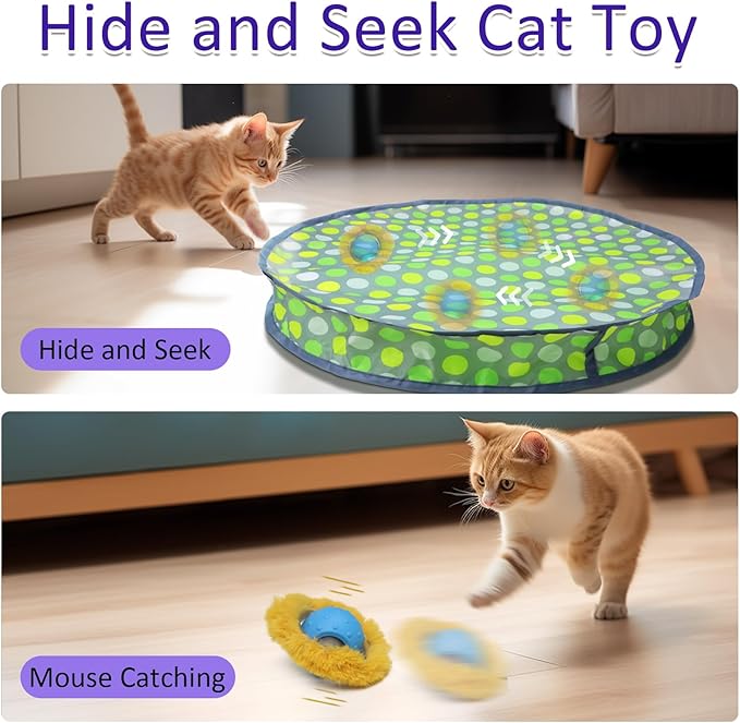 Giociv Interactive Cat Toys Ball Fast Rolling in Pouch, Motion Activate Chirping Cat Toy Hide and Seek Mouse Catching Game (Green Polka dot)