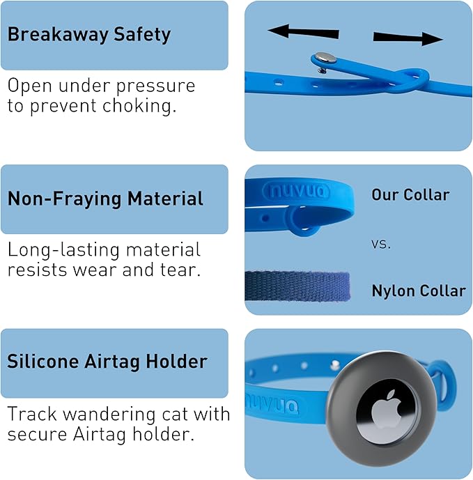 Nuvuq Cat Collar with Airtag Holder - Soft, Comfortable, and Lightweight Breakaway Collar with Air Tag GPS Tracker Holder for Outdoor Cats and Sensitive Skin Kittens by Nuvuq (6 ⅞" to 10 ¼", Blue)