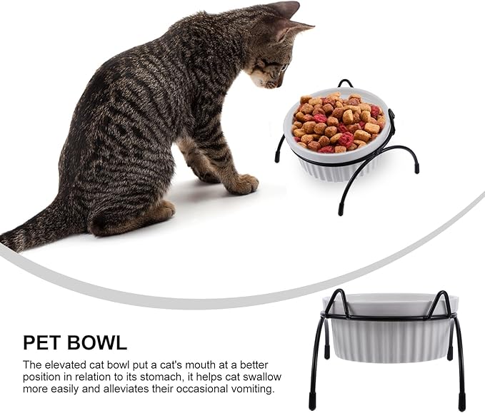 Ceramic Cat Bowl with Raised Iron Bracket, High Base Pet Food Feeder Set, White Fish Bone Bowl and Black Cat Ear Stand for Neck Protection and Indoor Feeding