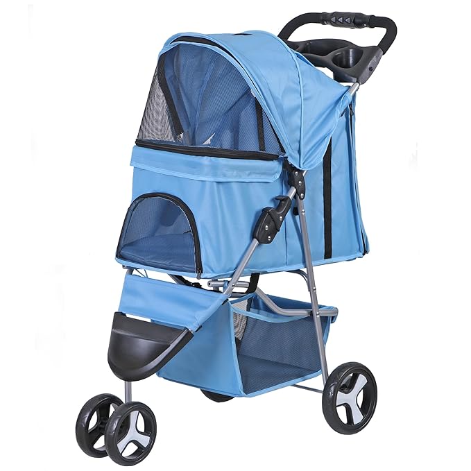 JungleA Foldable Pet Stroller for Cats Dogs,3 Wheel Jogger Stroller for Small to Medium Pets,Lightweight & Portable & Durable PetStroller with Weather Cover, Storage Basket and Cup Holder,Blue