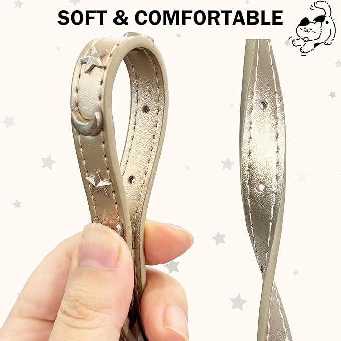 Leather Cat Collars for Boy Girl Cats with Bell and Safety Elastic Belt, Personalized Star and Moon Stud Adjustable Safe Buckle Collar for Kitty Small Big Cats Size 7-9 Inch, Gold