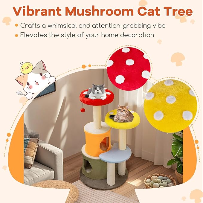 Tangkula Mushroom Cat Tree, 43 Inch Cute Cat Tower with Sisal Scratching Posts, Dual Cozy Condos, Padded Platforms, 2 Pompom Dangling Balls, Multi-Level Modern Cat Tree Tower for Indoor Cats