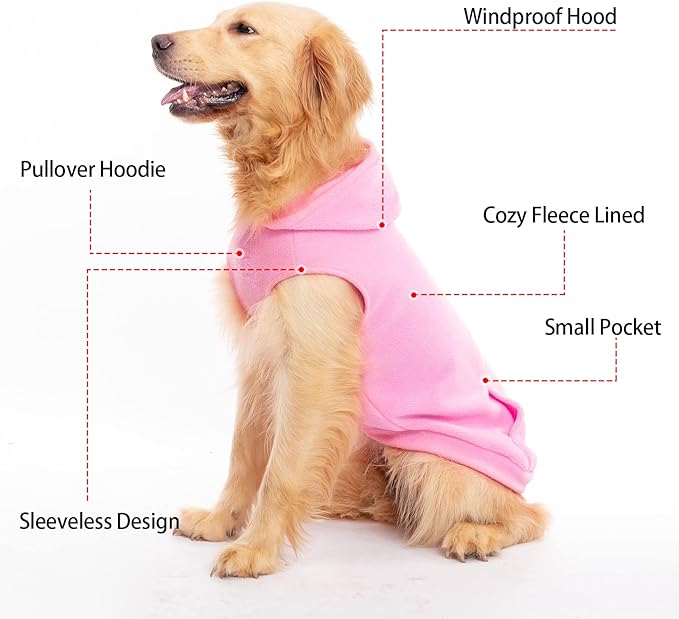 EXPAWLORER Dog Hoodie Fleece Sweater Vest, Hooded Dog Sweatshirt Fall Winter Pet Clothes with Leash Hole, Sleeveless Warm Cozy Puppy Clothing for Cat Small Medium Large Dogs Girl Boy, Pink L