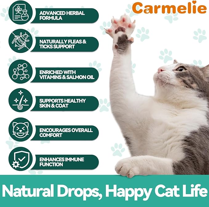 Flea and Tick Prevention for Cats, Natural Cat Flea Liquid Drops, Flea & Tick Supplement with Vitamins & Fish Oil for Cats Healthy Skin & Coat - All Breeds, Kittens to Senior Cat - Chicken Flavor