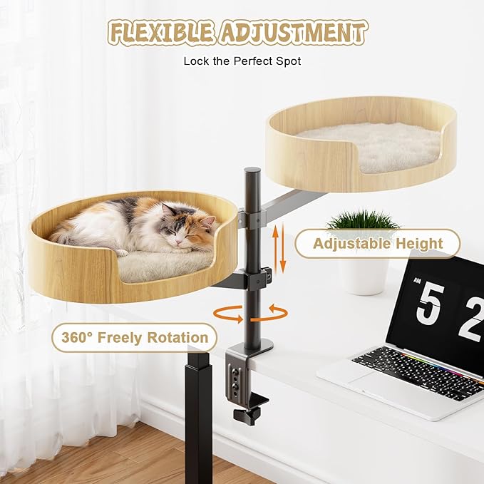 Spacocld Cat Desk Bed – Cat Bed for Indoor Cats with Adjustable Height&360° Rotation, Elevated Desk Cats Beds for Table, Desktop Cat's Hammock for Small Space, Wooden Cat's Bed Desktop Kitten