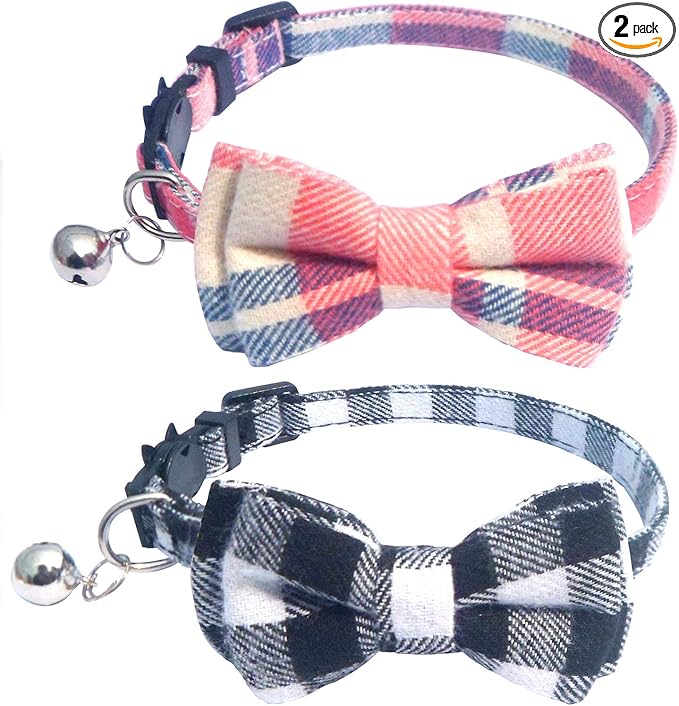 2 Pack/Set Cat Collar Breakaway with Cute Bow Tie and Bell for Kitty and Some Puppies, Adjustable from 7.8-10.5 Inch