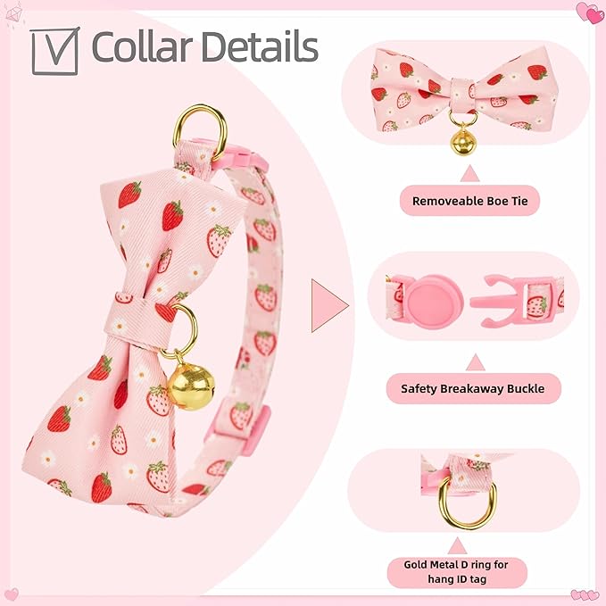 2 Pack Cute Cat Collar with Bow Tie & Bell, Adjustable Strawberry/Daisy Print Kitten Collars with Safety Breakaway Buckle for Cats & Small Dogs(Bee+Staw)