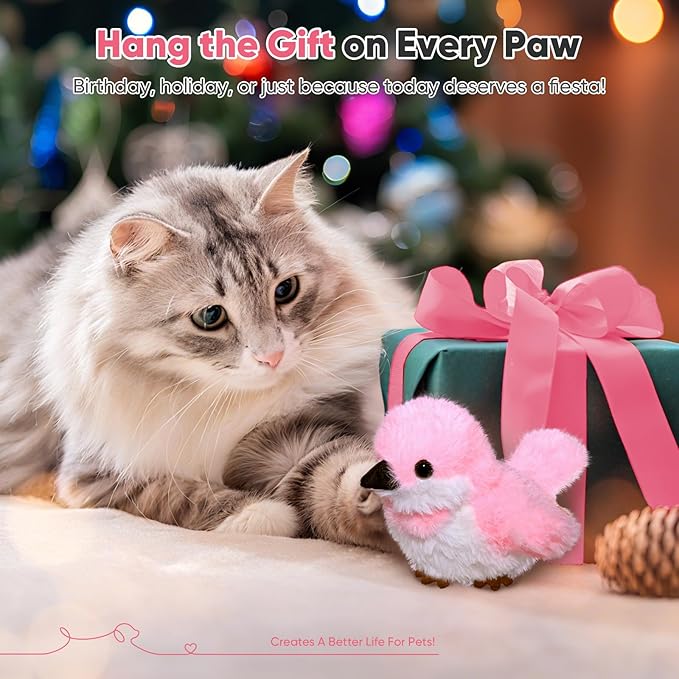 Petbobi Flappy Bird Cat Toy - Realistic Interactive Cat Toy with Sparrow Bird Chirp Tweet Flapping Wings (Non-Flying Design), Rechargeable Motion-Activated Catnip Toys for All Breeds Kittens, Pink