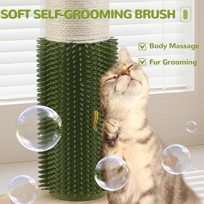 45'' Extra Tall Cat Scratching Post for Large Cats,3.5Inch Natural Sisal Scratcher with Solid Wood Base,Stable Cat Scratch Post with Interactive Toy,Self Groomer,Climbing Pole for Full Body Stretching